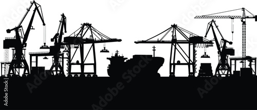 Port silhouette illustration, cargo ship docked, industrial cranes loading, maritime logistics scene, global trade infrastructure, black white artwork, shipping container terminal view