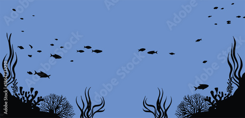 Underwater silhouette illustration, ocean background, marine life scene, fish swimming, coral reef plants, seaweed silhouettes, aquatic ecosystem, bubbles rising, natural ocean environment art