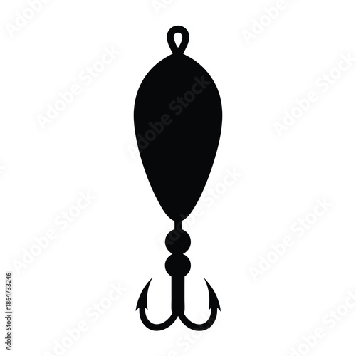 Black silhouette illustration of a fishing lure with a treble hook below
