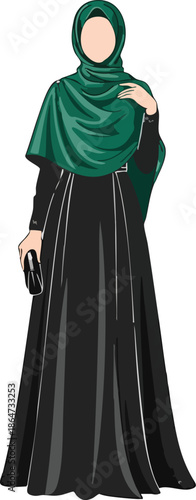 Illustration of a woman wearing a green hijab and a long black abaya dress standing against a white background.