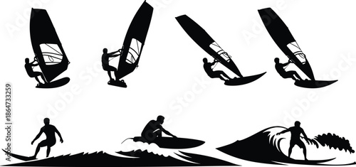 Water sports silhouette, windsurfing action poses, surfing wave motion, black white illustration, athletic beach activity, dynamic sea sport, coastal adventure artwork