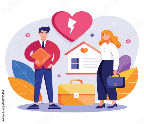 Couple facing relationship problems with house and luggage