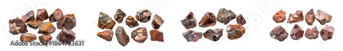 A collection of various prehistoric stone tools including arrowheads and scrapers isolated on transparent background