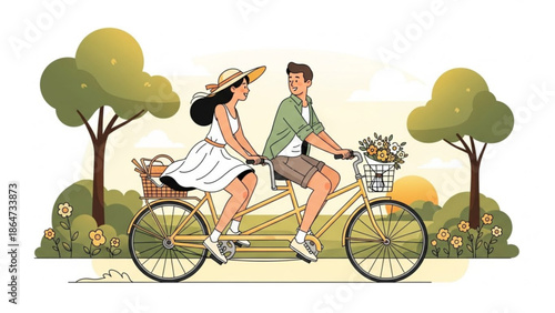 A cartoon illustration of a couple riding a tandem bicycle through a park with trees and flowers