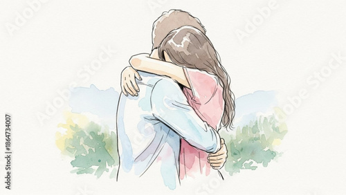 A vector illustration of a man and woman embracing in a loving gesture outdoors