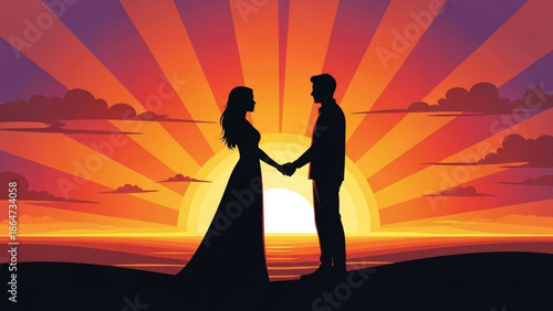 A romantic couple holds hands in silhouette against a vibrant sunset with orange and purple hues