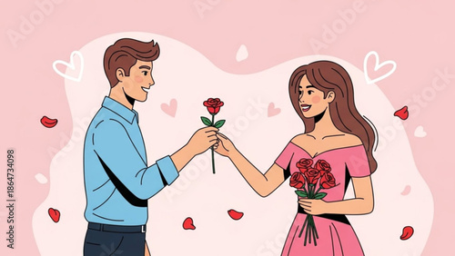 A romantic couple exchanging flowers on a pink background with hearts and rose petals