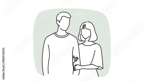 A minimalist line art illustration of a man and woman standing together in a loving embrace