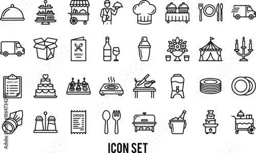 Catering and Event Service Line Art Icon Set Vector illustration