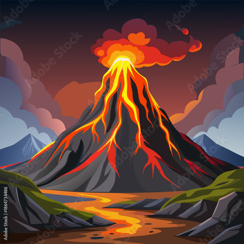 A vibrant illustration of a volcanic eruption with lush tropical surroundings