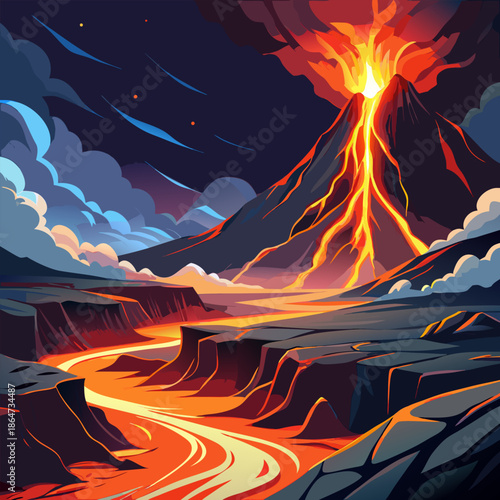 A fiery volcano erupts spewing lava and smoke into the darkened landscape