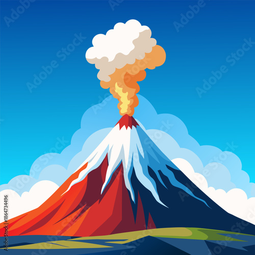 A vibrant illustration depicting a volcanic eruption with a snowy peak