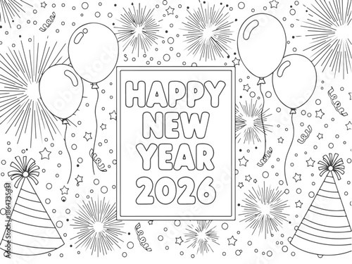 Happy New Year 2026 coloring book page vector illustration for kids