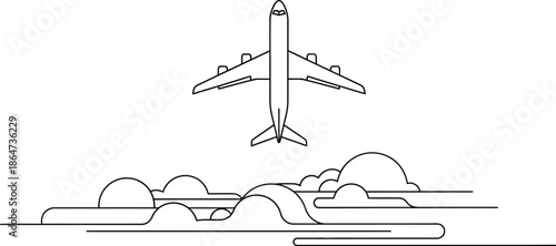 Minimalist line art airplane ascending above stylized clouds for travel