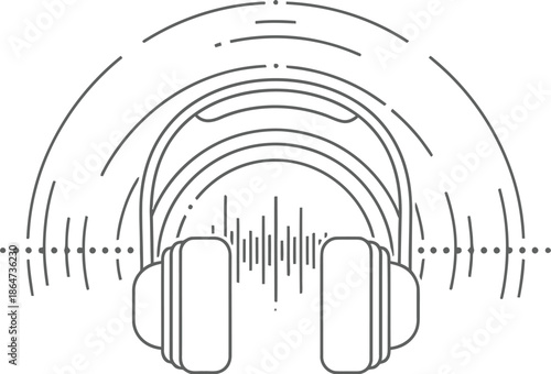 Minimalist line art headphones icon broadcasting sound waves and audio frequency