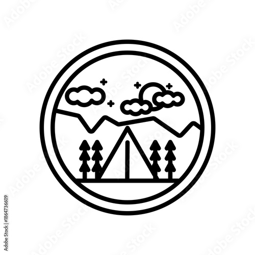 Minimalist mountain camping logo with tent and stars in badge style