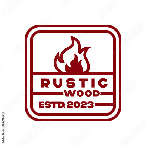 Rustic wood logo template with fire icon for outdoor and camping branding