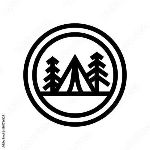 Simple monoline camping logo with tent and trees for outdoor branding