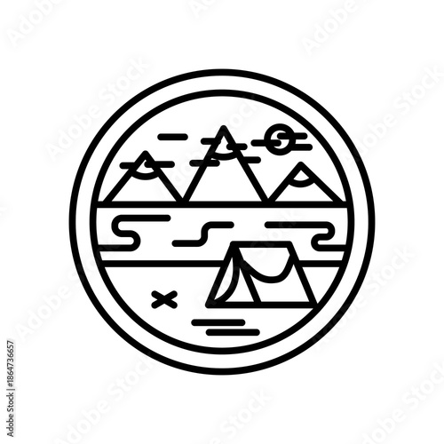 Minimalist camping logo badge with tent and lake for outdoor branding