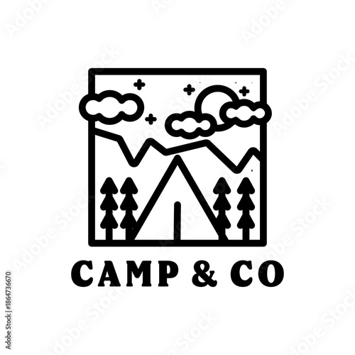 A logo for a camping company featuring a tent and mountains