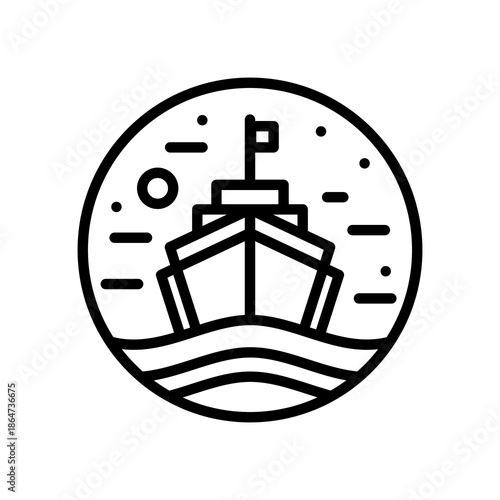 A minimalist line art illustration of a ship sailing on calm waters within a circular frame.