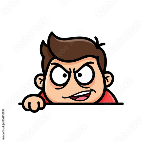 Angry Cartoon Boy Peeking Over Surface.