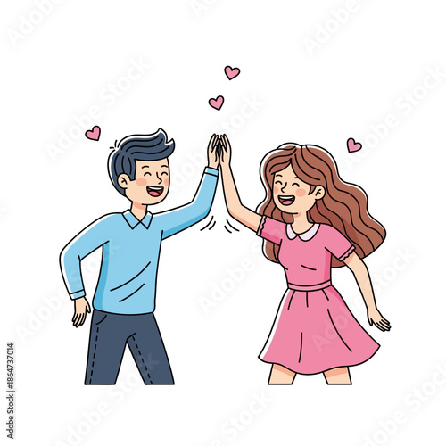Cartoon Couple High Fiving with Hearts.