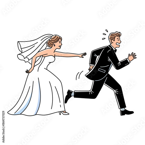 Bride Chasing Groom Cartoon Illustration.