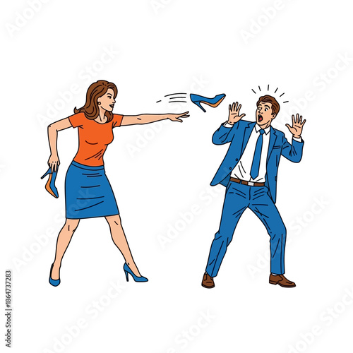Woman Throwing Shoe at Man in Suit.