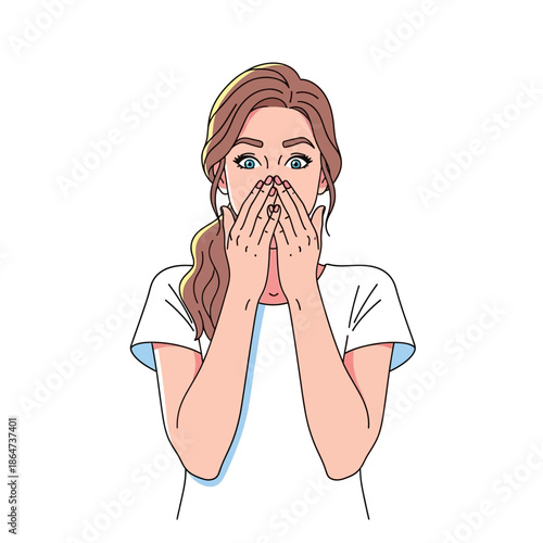 Woman Covering Mouth with Hands in Surprise.