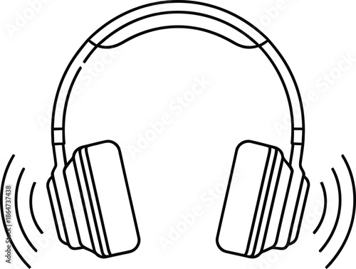 Simple line art icon representing wireless headphones with sound waves emanating