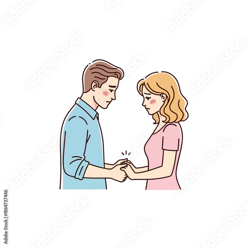 Cartoon Couple Holding Hands Facing Each Other.