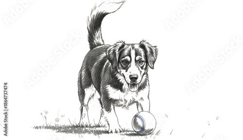 Adorable puppy with wagging tail stands ready to play with ball