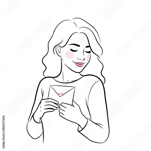 Woman Reading Letter with Happy Expression.