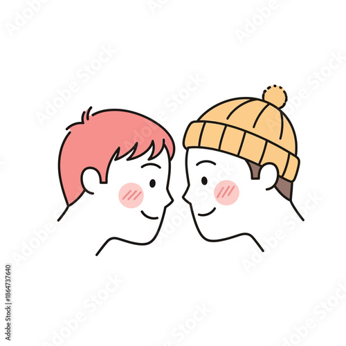 Cartoon Children Facing Each Other Smiling.