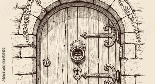 Medieval castle wooden door with iron hardware and ivy climbing stone
