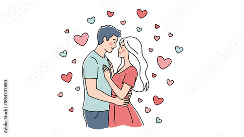 Couple Embracing with Hearts Around Them.