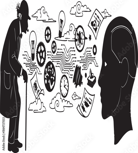 Black vector illustration of a retro business woman silhouette carrying a fashion bag of money