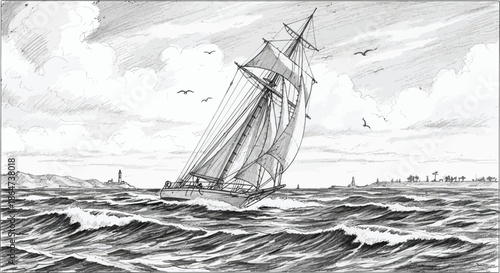 Vintage sailboat heeling hard while navigating rough ocean waves near shore
