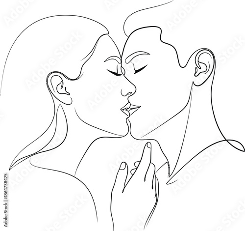 Minimalist continuous line art drawing depicting a tender intimate moment between a man and a woman sharing a gentle passionate kiss.