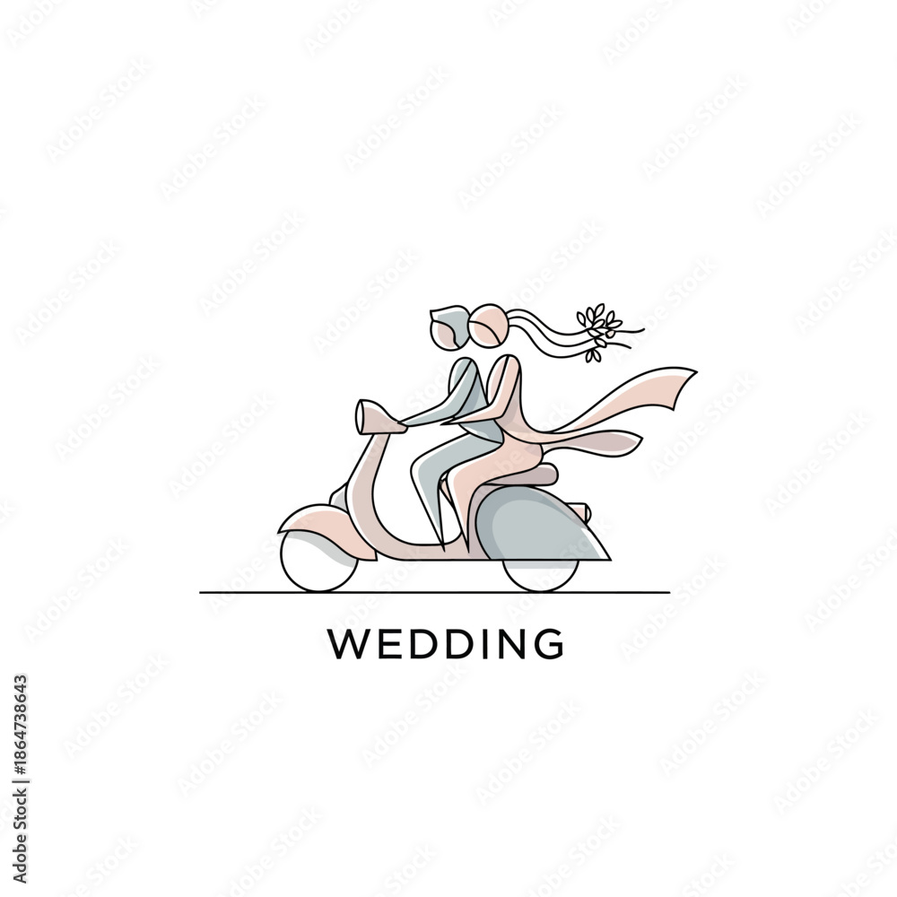 Fototapeta premium Bride Riding Scooter on Wedding Day.