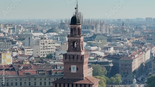 Torre sforzesca, Duomo Milano, monumento storico, panorama, Milano, Italia, città torre, Castello Sforzesco, Sforza, veduta aerea, 