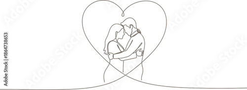 Minimalist continuous line art drawing depicts a tender moment of a couple embracing warmly inside a gracefully drawn heart outline symbolizing deep connection.