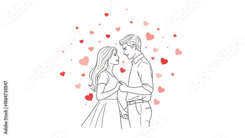 Couple Embracing Surrounded by Hearts Illustration.