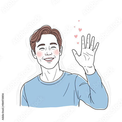 Man Waving Hand with Happy Expression.