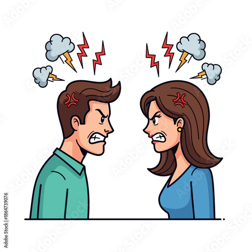 Angry Couple Arguing with Stormy Heads.
