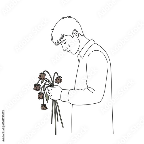 Man Smelling Flowers in Hand.