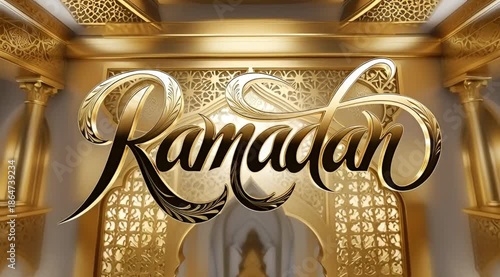 Ramadan Golden Arabic Calligraphy in Ornate Islamic Mosque Interior