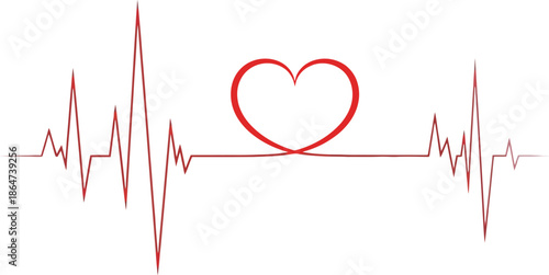 Red continuous line drawing illustrates a steady heart rate monitor tracing with a delicate heart shape forming at the peak of the rhythm wave.