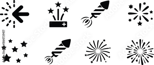 Black Silhouette Icon Set Featuring Festive Firework Rockets and Sparkling Burst Graphic Design Elements
